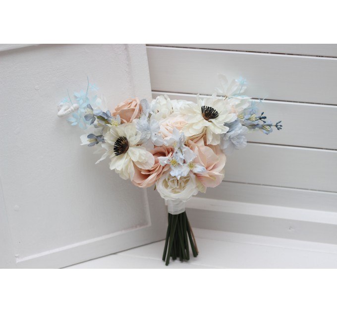 Dusty Blue, Blush Pink, White, and Beige Faux Flower Bridal Bouquet