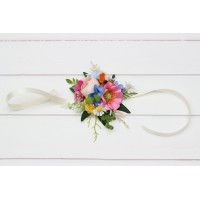 Blue white magenta yellow orange pink flowers. Wrist corsage. Mother bracelet. Prom corsage. Wildflowers colorful corsage. 5396