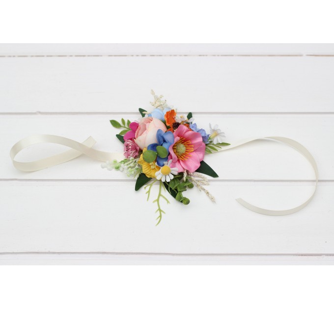 Colorful Wrist Corsage in Blue, White, Magenta, Yellow, Orange & Pink | Wildflower Prom & Wedding Accessories