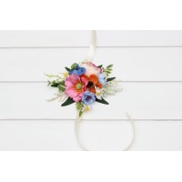 Blue white magenta yellow orange pink flowers. Wrist corsage. Mother bracelet. Prom corsage. Wildflowers colorful corsage. 5396