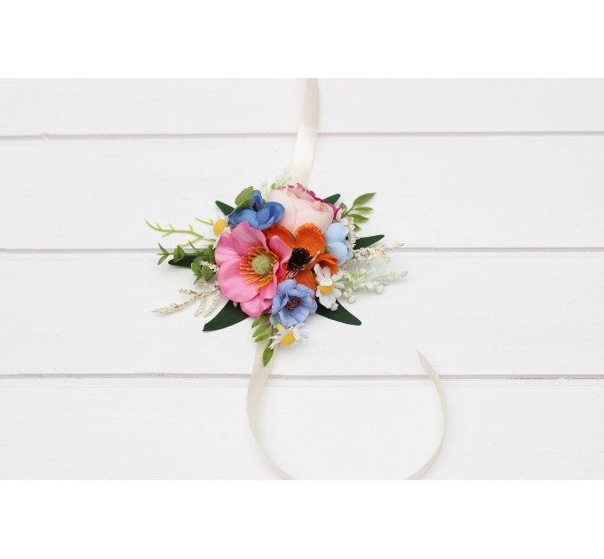 Colorful Wrist Corsage in Blue, White, Magenta, Yellow, Orange & Pink | Wildflower Prom & Wedding Accessories