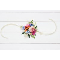Blue white magenta yellow orange pink flowers. Wrist corsage. Mother bracelet. Prom corsage. Wildflowers colorful corsage. 5396