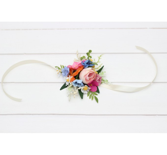 Colorful Wrist Corsage in Blue, White, Magenta, Yellow, Orange & Pink | Wildflower Prom & Wedding Accessories