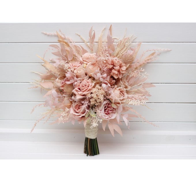 Pampas Grass Bouquet with Beige & Blush Pink Flowers | Boho Bridal & Bridesmaid Faux Bouquets