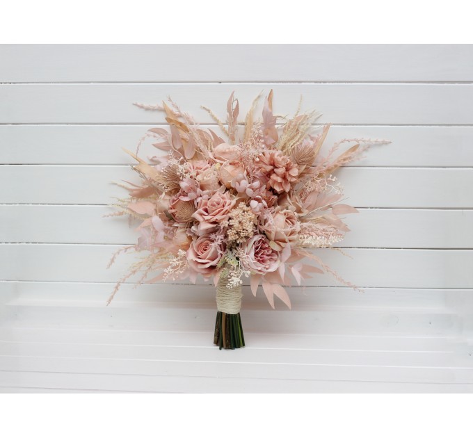 Pampas Grass Bouquet with Beige & Blush Pink Flowers | Boho Bridal & Bridesmaid Faux Bouquets