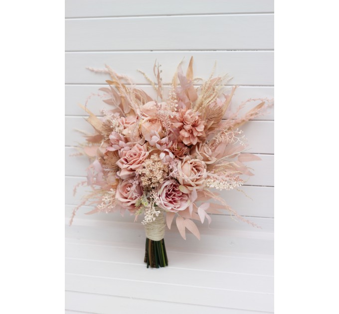 Pampas Grass Bouquet with Beige & Blush Pink Flowers | Boho Bridal & Bridesmaid Faux Bouquets