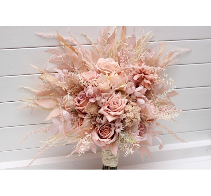 Pampas Grass Bouquet with Beige & Blush Pink Flowers | Boho Bridal & Bridesmaid Faux Bouquets