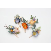  Colorful wedding boutonnieres in peach dusty blue ivory orange color scheme. Flower accessories. 5364