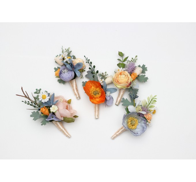 Colorful Wedding Boutonnieres in Peach, Dusty Blue, Ivory & Orange | Flower Accessories