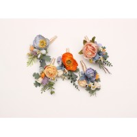  Colorful wedding boutonnieres in peach dusty blue ivory orange color scheme. Flower accessories. 5364