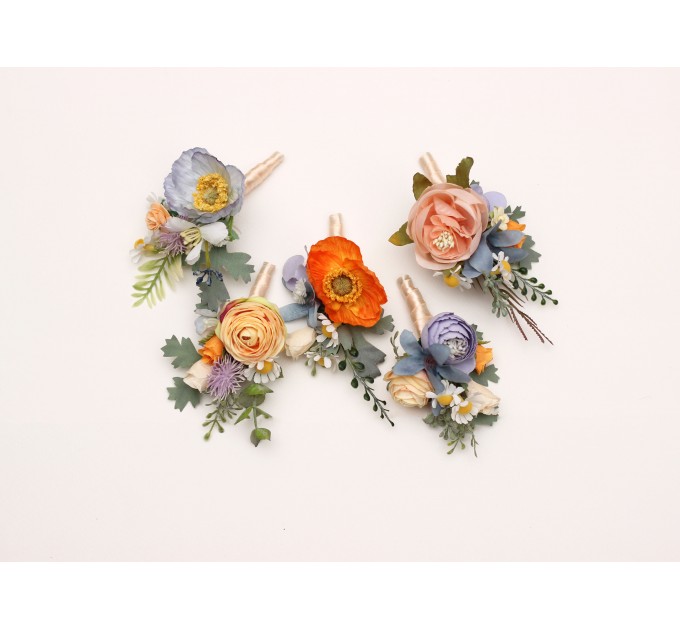 Colorful Wedding Boutonnieres in Peach, Dusty Blue, Ivory & Orange | Flower Accessories
