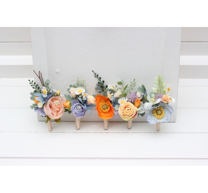 Colorful Wedding Boutonnieres in Peach, Dusty Blue, Ivory & Orange | Flower Accessories