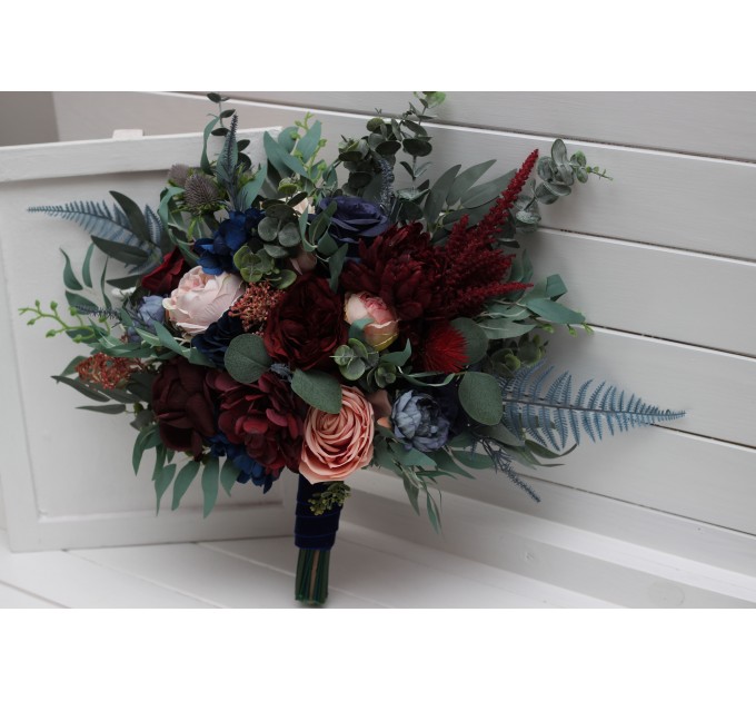 Wedding Bouquets in Burgundy, Navy Blue & Blush Pink | Large Bridal & Cascading Faux Flowers