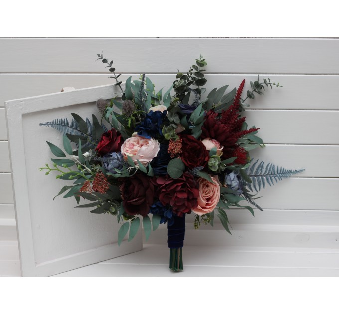 Wedding Bouquets in Burgundy, Navy Blue & Blush Pink | Large Bridal & Cascading Faux Flowers