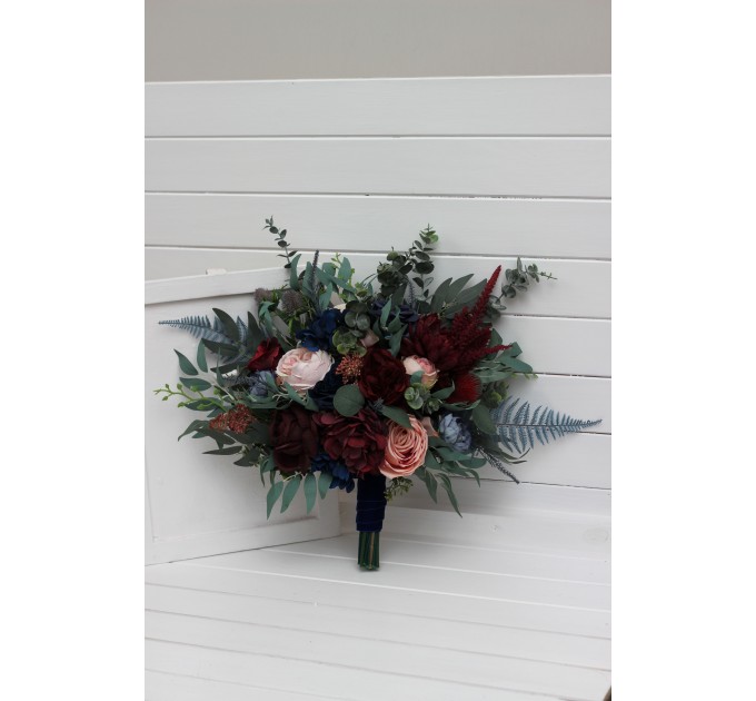 Wedding Bouquets in Burgundy, Navy Blue & Blush Pink | Large Bridal & Cascading Faux Flowers
