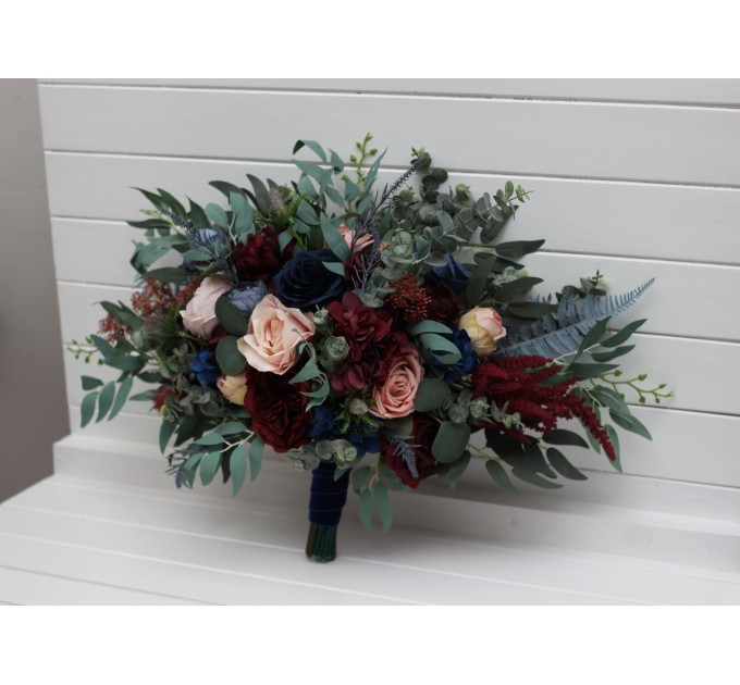 Wedding Bouquets in Burgundy, Navy Blue & Blush Pink | Large Bridal & Cascading Faux Flowers