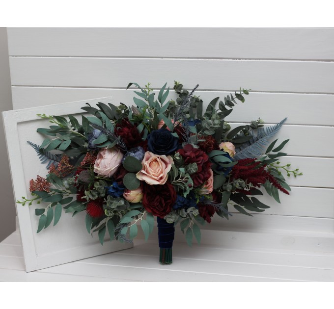 Wedding Bouquets in Burgundy, Navy Blue & Blush Pink | Large Bridal & Cascading Faux Flowers