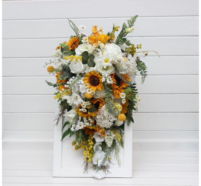 Cascade Sunflower Bridal Bouquet | Faux Fall Rustic Wedding Flowers
