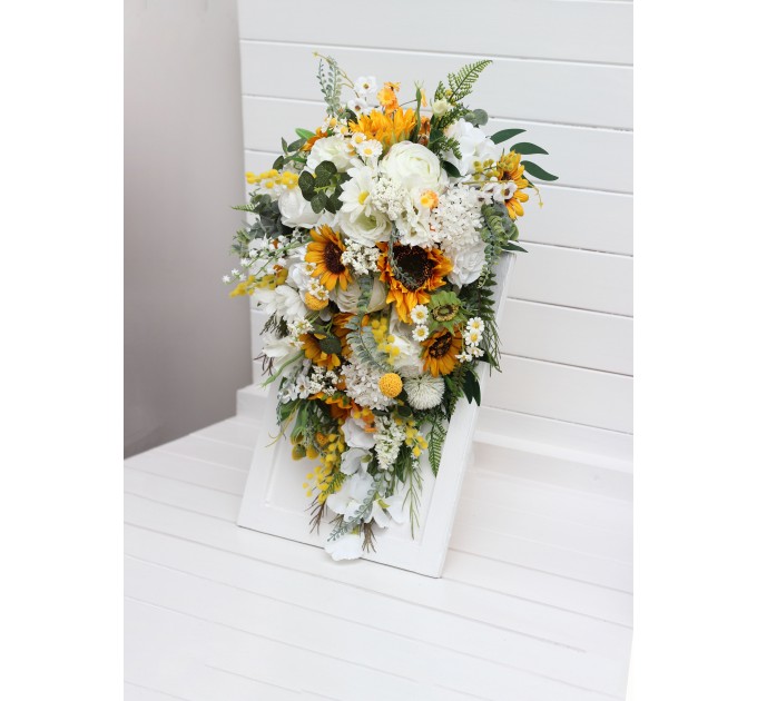 Cascade Sunflower Bridal Bouquet | Faux Fall Rustic Wedding Flowers
