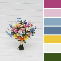 Wildflowers bouquet. Spring summer wedding  flowers. Blue white magenta yellow pink bouquet. Colorful daisy cosmos bouquet. 5396