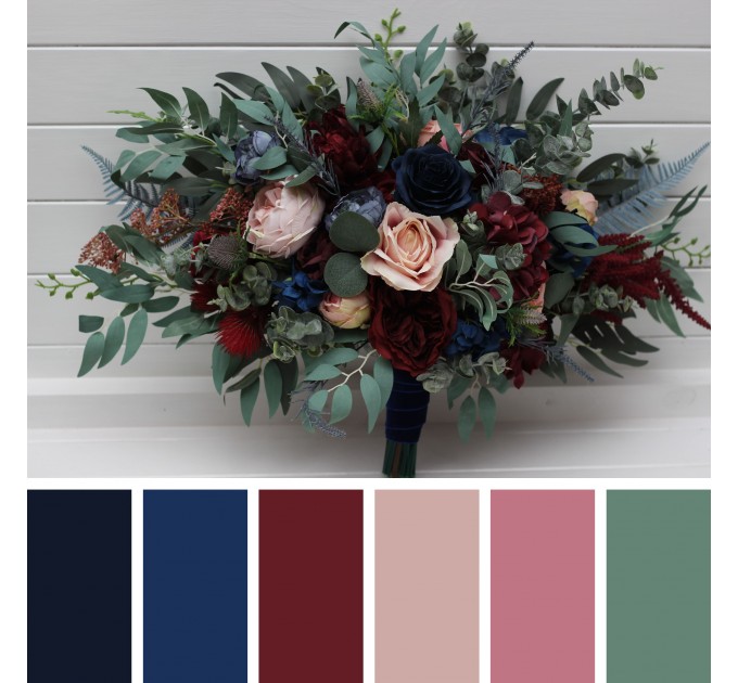 Wedding Bouquets in Burgundy, Navy Blue & Blush Pink | Large Bridal & Cascading Faux Flowers