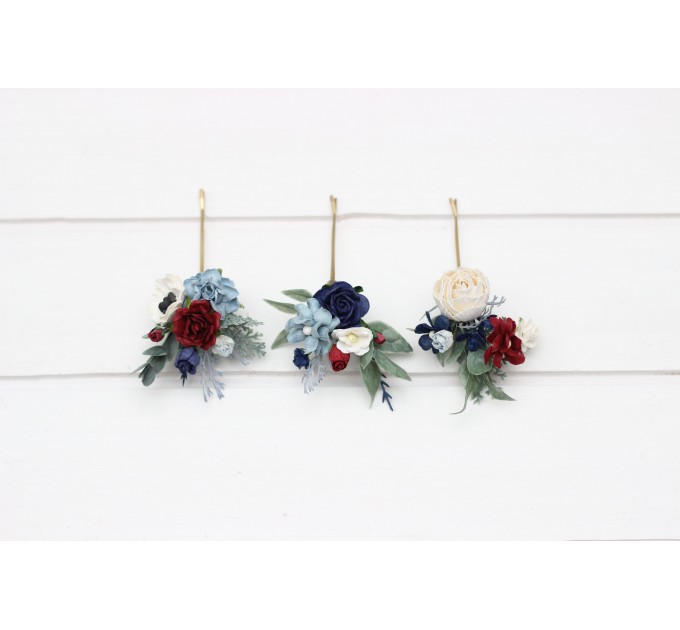 Set of 3 Flower Bobby Pins in Dusty Blue, Navy Blue, White & Burgundy | Wedding Hair Accessories