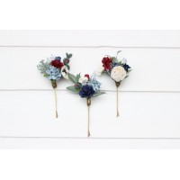  Set of  3 bobby pins in dusty blue navy blue white and burgundy color scheme. Flower hair pins. Hair accessories. Flower accessories for wedding.  Bridesmaid gift.  5063