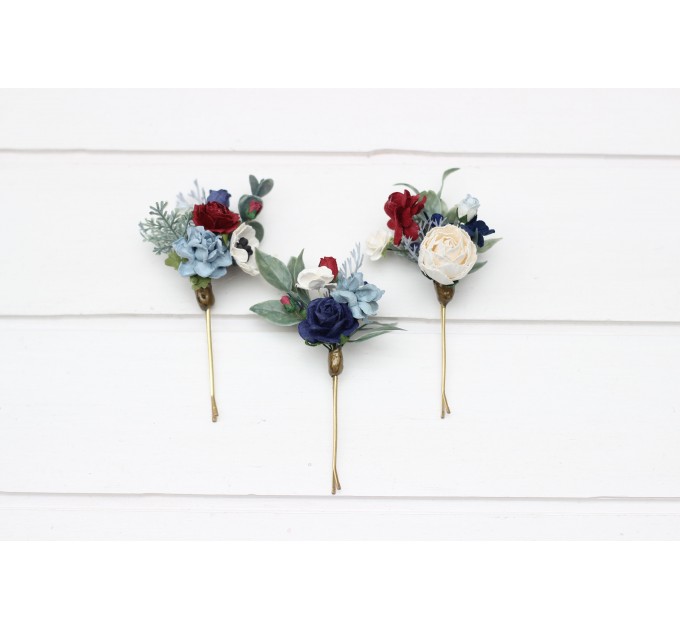 Set of 3 Flower Bobby Pins in Dusty Blue, Navy Blue, White & Burgundy | Wedding Hair Accessories