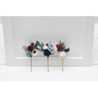 Set of  3 bobby pins in dusty blue navy blue white and burgundy color scheme. Flower hair pins. Hair accessories. Flower accessories for wedding.  Bridesmaid gift.  5063