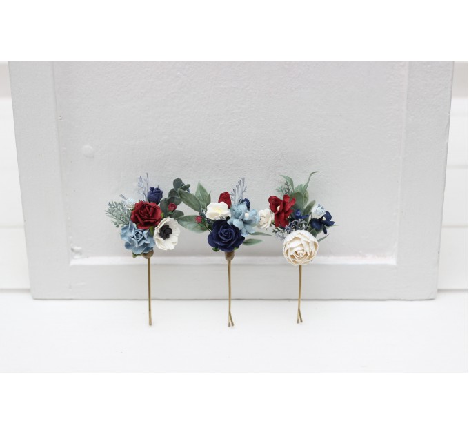 Set of 3 Flower Bobby Pins in Dusty Blue, Navy Blue, White & Burgundy | Wedding Hair Accessories