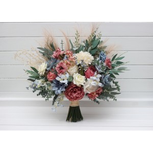 Ivory, dusty blue, dusty rose bridal and bridesmaid bouquets with pampas grass in boho style. Faux wedding flowers.  5397