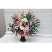 Ivory, dusty blue, dusty rose bridal and bridesmaid bouquets with pampas grass in boho style. Faux wedding flowers.  5397