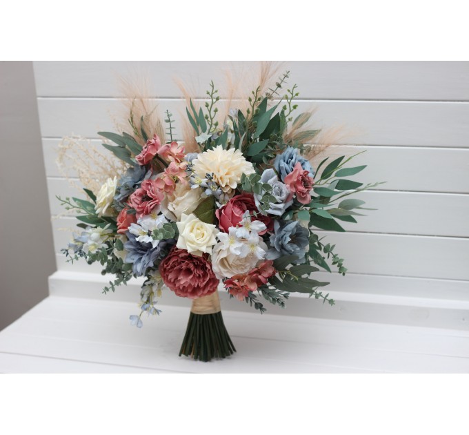Ivory, Dusty Blue & Dusty Rose Bridal & Bridesmaid Bouquets with Pampas Grass | Boho Faux Wedding Flowers