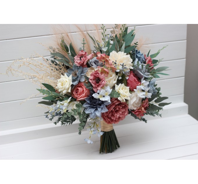 Ivory, Dusty Blue & Dusty Rose Bridal & Bridesmaid Bouquets with Pampas Grass | Boho Faux Wedding Flowers