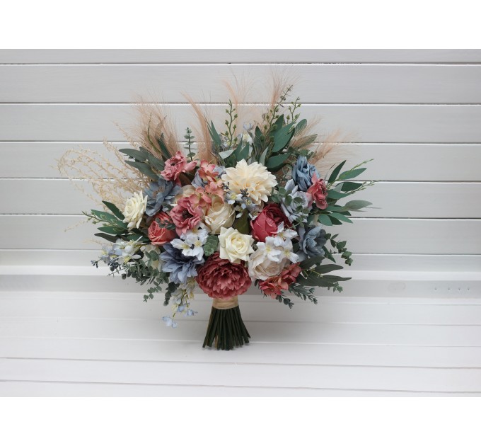 Ivory, Dusty Blue & Dusty Rose Bridal & Bridesmaid Bouquets with Pampas Grass | Boho Faux Wedding Flowers