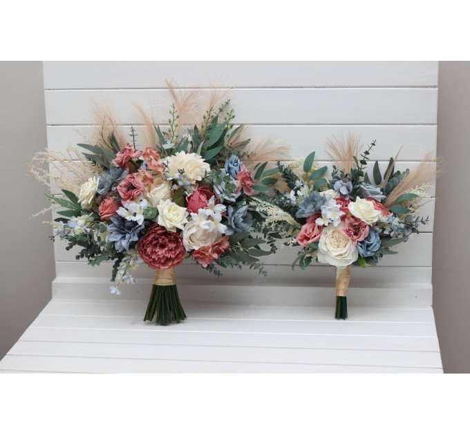 Ivory, Dusty Blue & Dusty Rose Bridal & Bridesmaid Bouquets with Pampas Grass | Boho Faux Wedding Flowers