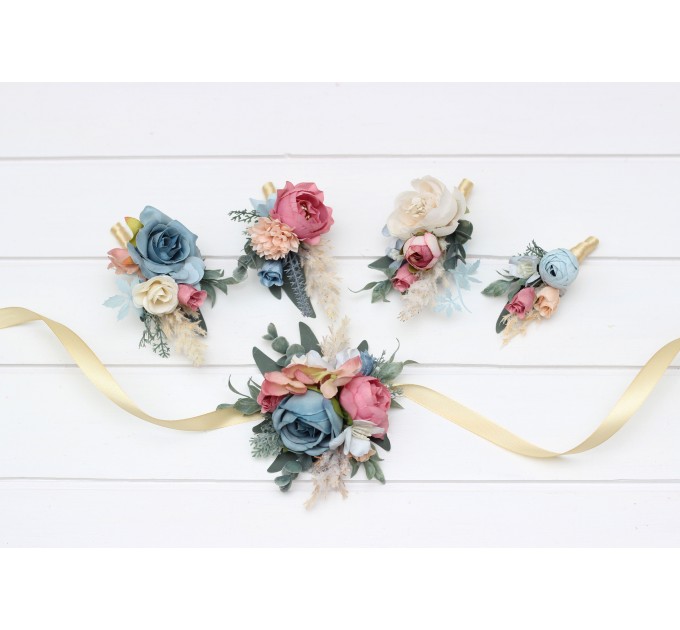 Wedding Boutonnieres & Wrist Corsage in Ivory, Dusty Blue & Dusty Rose | Flower Accessories for Weddings & Proms