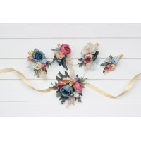  Wedding boutonnieres and wrist corsage in ivory dusty blue and dusty rose color scheme. Flower accessories for weddings and proms. 5397