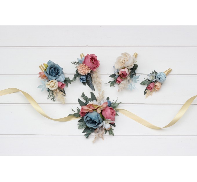 Wedding Boutonnieres & Wrist Corsage in Ivory, Dusty Blue & Dusty Rose | Flower Accessories for Weddings & Proms