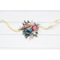  Wedding boutonnieres and wrist corsage in ivory dusty blue and dusty rose color scheme. Flower accessories for weddings and proms. 5397