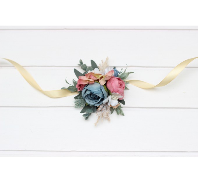 Wedding Boutonnieres & Wrist Corsage in Ivory, Dusty Blue & Dusty Rose | Flower Accessories for Weddings & Proms