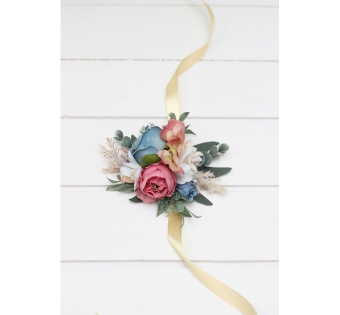 Wedding Boutonnieres & Wrist Corsage in Ivory, Dusty Blue & Dusty Rose | Flower Accessories for Weddings & Proms