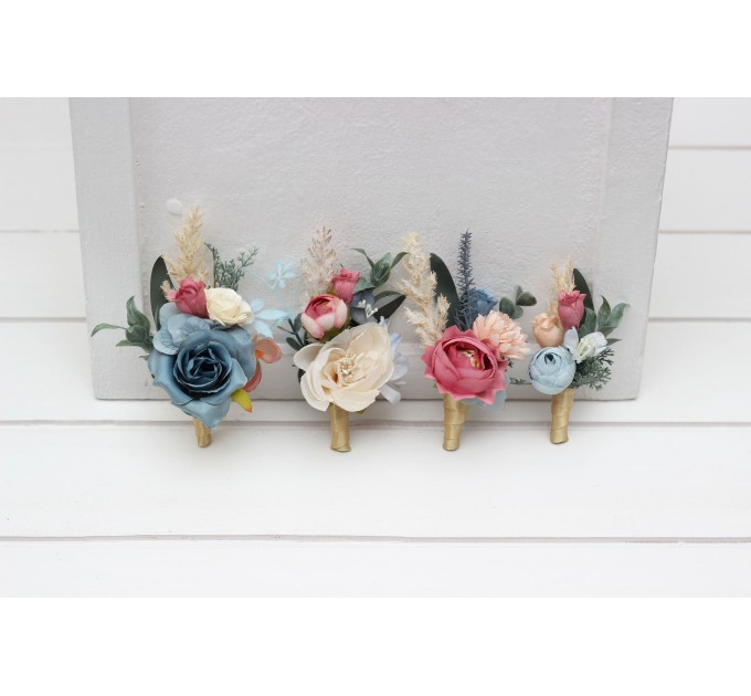 Wedding Boutonnieres & Wrist Corsage in Ivory, Dusty Blue & Dusty Rose | Flower Accessories for Weddings & Proms