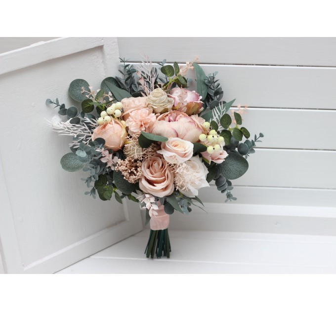 Blush Pink Wedding Bouquets with Eucalyptus | Bridal & Bridesmaid Faux Bouquets