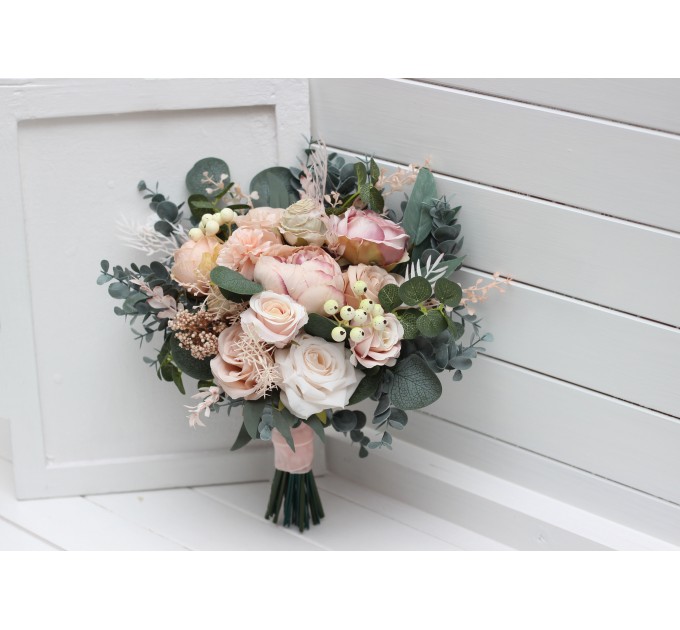 Blush Pink Wedding Bouquets with Eucalyptus | Bridal & Bridesmaid Faux Bouquets