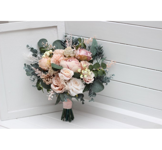Blush Pink Wedding Bouquets with Eucalyptus | Bridal & Bridesmaid Faux Bouquets