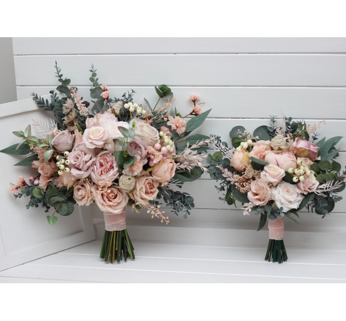 Blush Pink Wedding Bouquets with Eucalyptus | Bridal & Bridesmaid Faux Bouquets