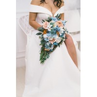 Spring summer wedding. White terracotta dusty blue flowers. Faux bouquet. Bridal bouquet. Silk flowers. Boho wedding. Cascading bouquet. Bridesmaid bouquet. 5227