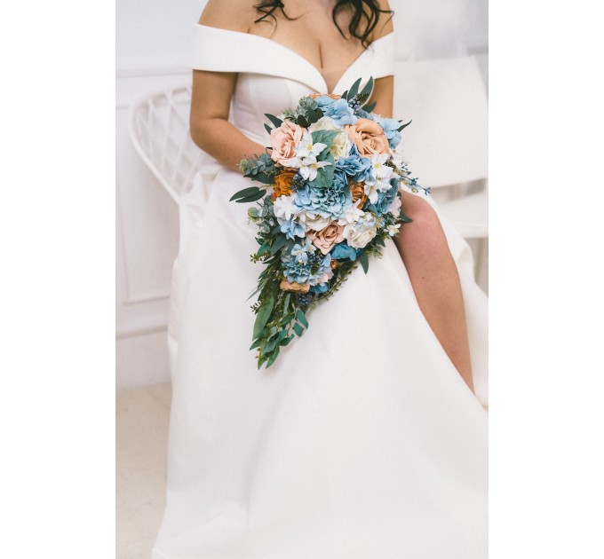 Spring & Summer Wedding Bouquets in White, Terracotta & Dusty Blue | Faux Bridal & Bridesmaid Cascading Bouquets