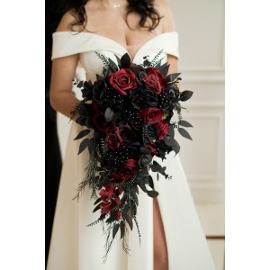 Bouquets in black and burgundy color scheme. Bridal bouquet. Faux bouquet. Bridesmaid bouquet. Cascading bouquet. 5325